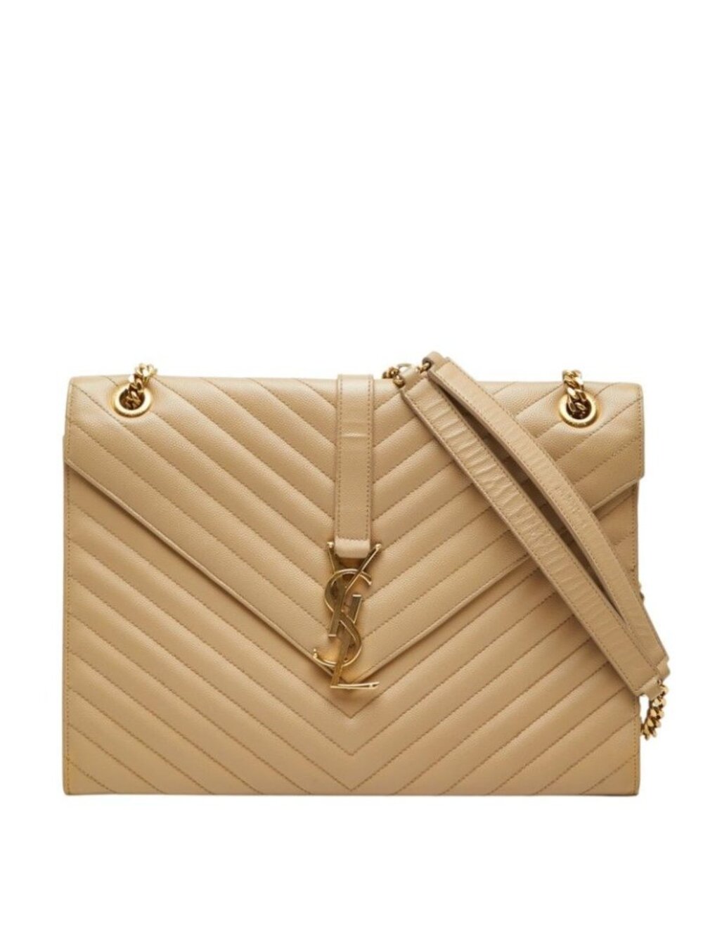 Saint Laurent Cassandra Envelope YSL Logo Chain Shoulder Bag Beige Gold Leather